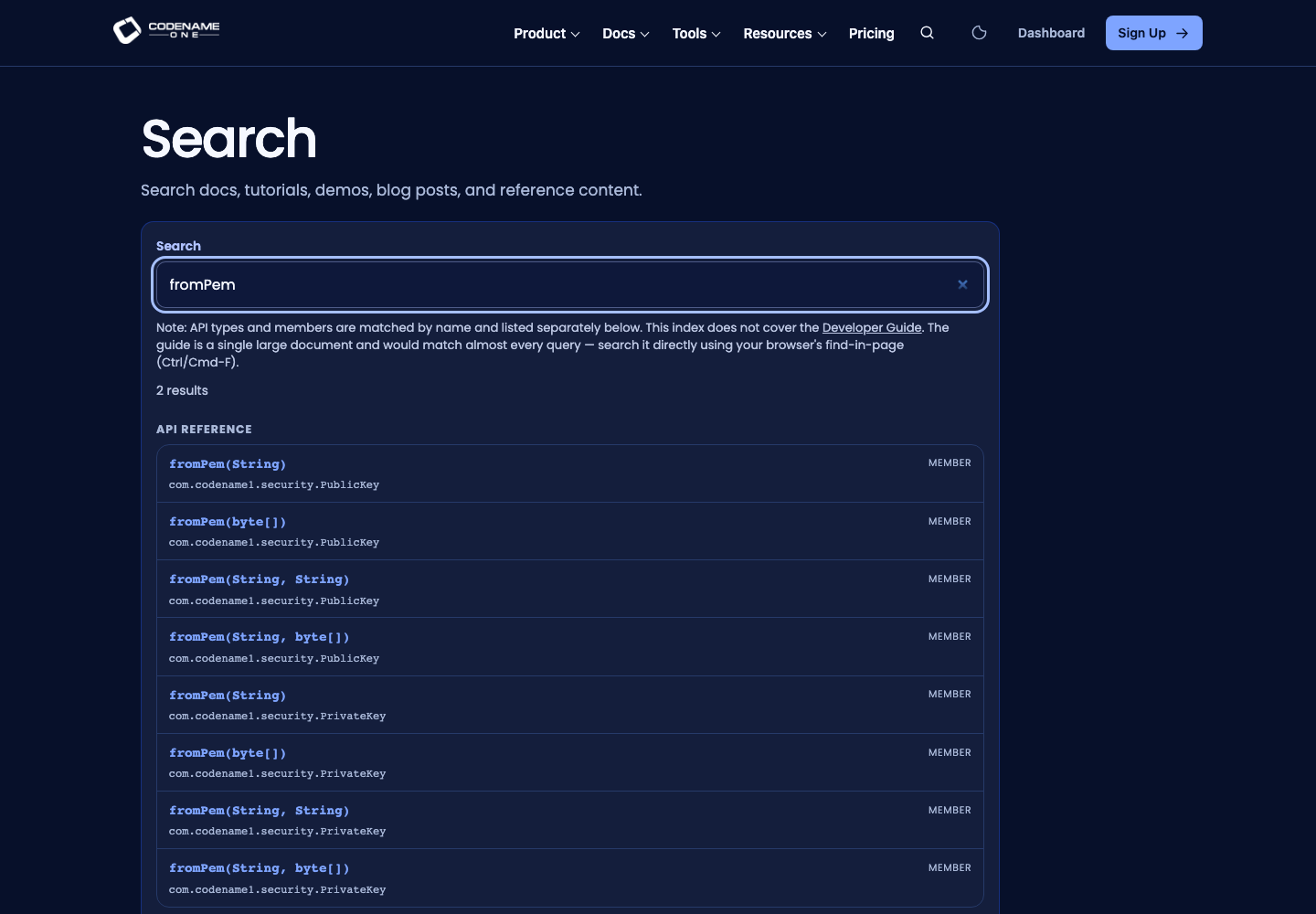 Website search returns PublicKey and PrivateKey fromPem methods